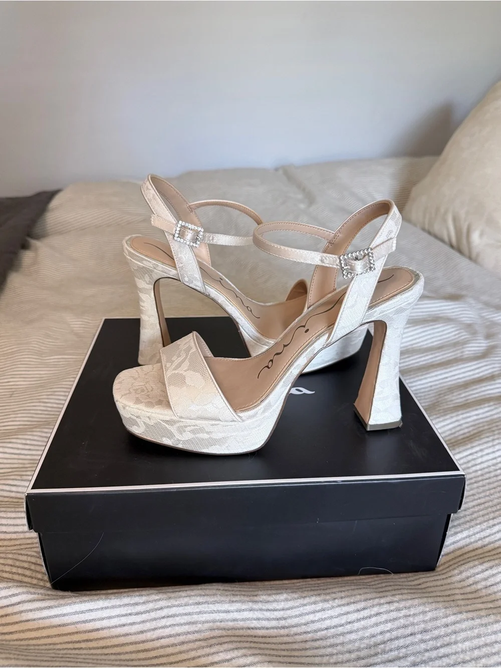 Nina Shoes Cream Lace Platform Heels with Rhinestone Buckles